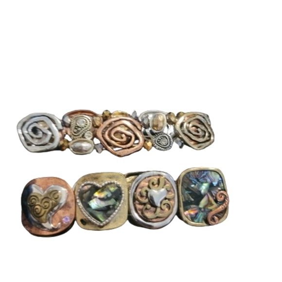 Vintage bracelets 2 copper tone metal abalone stretchy art noveau - Picture 3 of 14